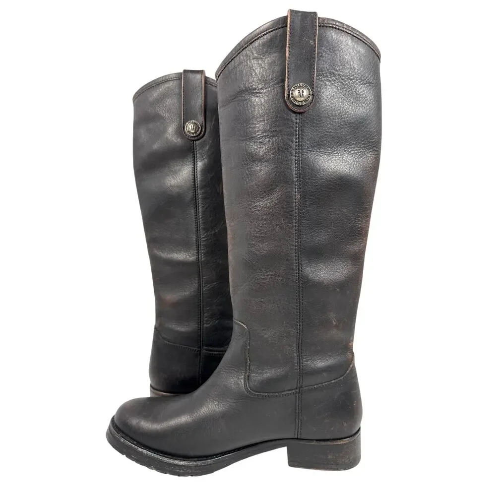 Frye Melissa Double Sole Button Lug Tall Boot Womens 6.5 M Black Antique Leather